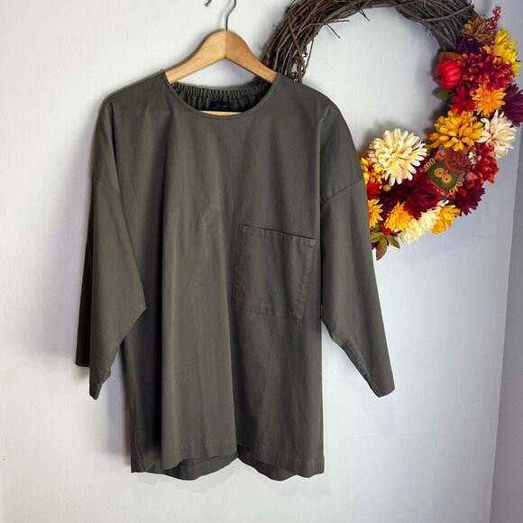 Oak+Fort Women 3/4 Sleeve Woven Shirt Blouse LARGE Olive Green - Picture 1 of 9